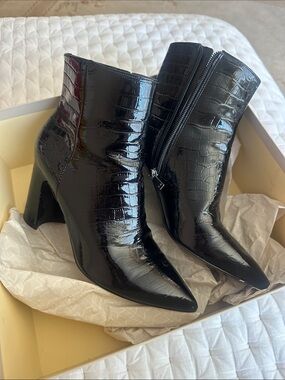 Marc Fisher Black Croc-Embossed Patent Pointed Toe Ankle Boots